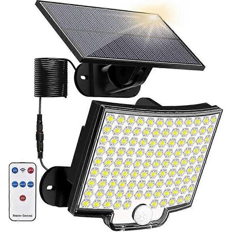 Lampe solaire murale à 106 LED, 3 modes d'éclairage, détecteur de mouvement PIR, étanche, pour clôture, rue ou jardin. (1/5)
