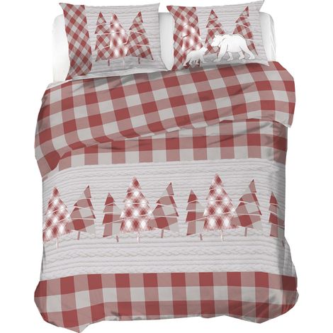 Parure de lit Double en Flanelle 100% Coton, Housse de Couette 250 x 200 cm, taie d'oreiller 52 x 82 cm, fabriquée en Italie, Lavable en Machine à 40 degrés, Motif Rouge (1/5)