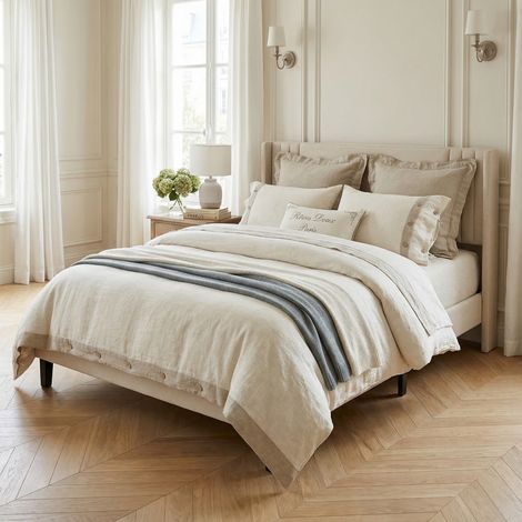 Lit adulte capitonné 140x200 cm, sommier à lattes, cadre en métal, lin, mousse haute densité, max 300 kg, lit adulte style scandinave - Beige