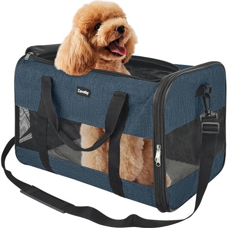 Sac de transport pour chats et chiens, sac de transport, respirant et pliable, cage de transport pour chat avec bandoulière réglable, matelas en peluche amovible (bleu foncé, L) (1/5)