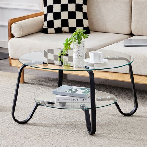 Mesa de centro redonda 80x80x45 cm negra, doble tablero de vidrio templado y metal MEUBLIV (1/5)