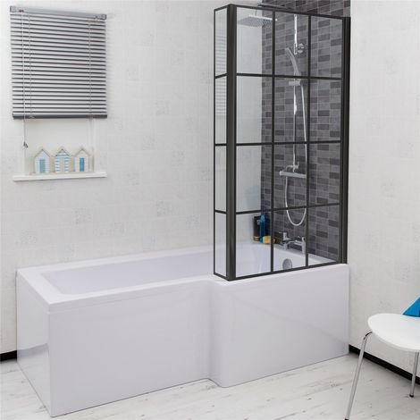 Bathroom L Shaped Bath Black Grid Shower Screen RH Front Panel White 1600mm (1/5)