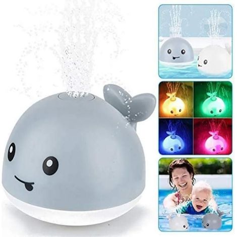 Jouet de bain baleine grise enfant1-5ans,aquatique flottant2en1,lumière musique jet eau auto,ABS gris-blanc,11x10x9cm (1/5)