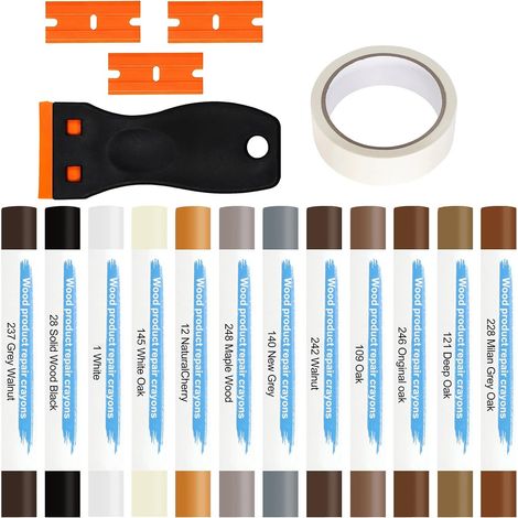 Pate a Bois Rebouchage 12 Couleurs Brun Mastic Bois Crayons Cire Dure Kit de Réparation Parquet avec Grattoir pour Sol Stratifié Vinyle PVC et Meubles (1/5)