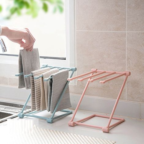 Nouveau porte-torchons et porte-serviettes de cuisine pliable et vertical, sans perçage, étagère de rangement pour comptoir, porte-gobelet, bleu clair. (1/5)