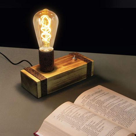 Vintage Tischlampe Holz GBLY Tischleuchte Retro Nachttischlampe E27 Industrial Nachttischleuchte 20CM Nachtlampe mit Stecker für Schlafzimmer Wohnzimmer Arbeitszimmer - Ohne Leuchtmittel