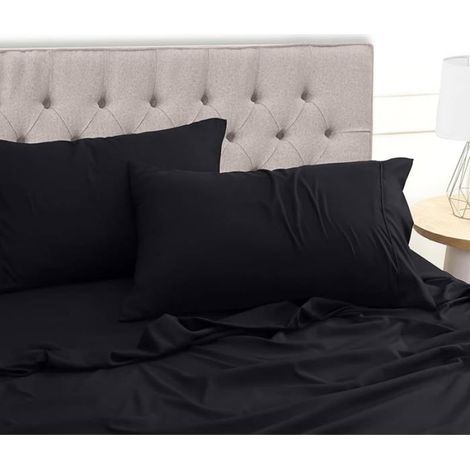Drap Housse - Drap Plat - Taies Doreiller - Ensemble De Literie 4 Pieces - 180x200 Cm - Noir (1/5)