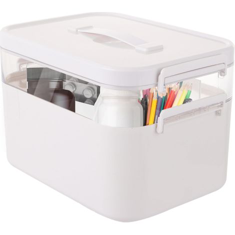 Boîte de rangement à médicaments pliable à 2 couches avec mini 3 compartiments, portable avec couvercle pour la maison, le bureau, la voiture, l'école (blanc) (1/5)
