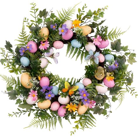 Guirlande De Pâques - Couronne Artificielle Avec Feuillage Faux Œufs Et Fleurs - Décoration Porte Mur Ou Porche - Réutilisable - Blanc (1/5)