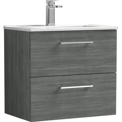 Balterley  Contemporary Bathroom 2 Soft Close Drawer & Minimalist Wall Hung Vanity Unit Basin, Anthracite Woodgrain, 600mm