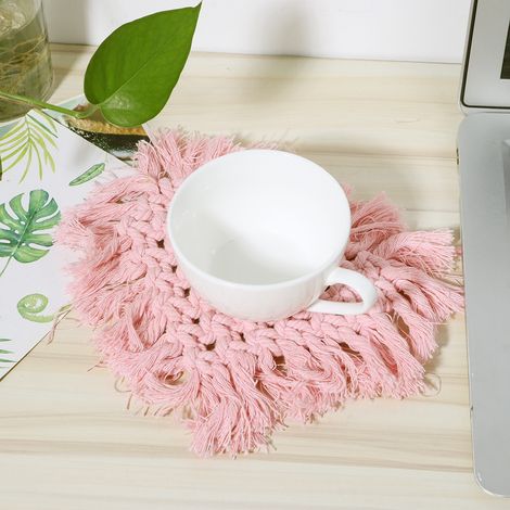 Dessous de verre en coton pour tasse à café avec pompon, napperon isolant thermique, décoration rose en forme de cœur (1/5)