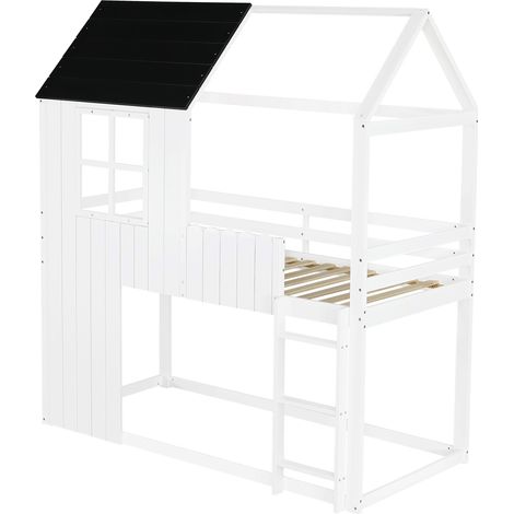 Lit mezzanine enfant maison avec escalier 3 marches et fenêtres, 90 x 200 cm, blanc et noir (1/5)