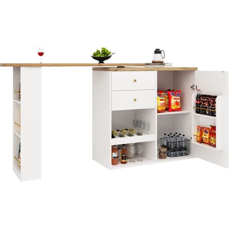 Table de bar pivotante (corps principal 105 x 39 x 102 cm), avec 2 tiroirs et un placard à porte coulissante, 3 niveaux d'espace de rangement ouvert, convient pour salle à manger/bureau/salon etc. (1/5)