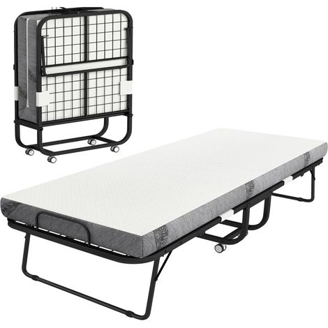 Cama plegable auxiliar con ruedas y colchón, acero blanco y negro, 200 x 90 cm (1/5)