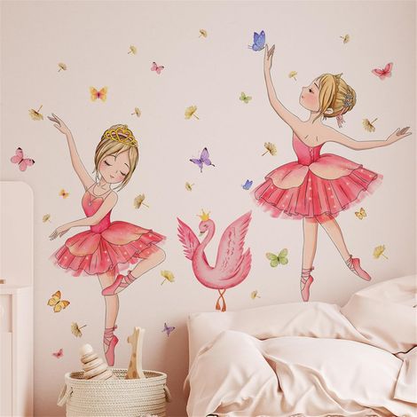 Sticker mural décoratif en forme de ballerine rose, sticker mural petite princesse avec papillon, décoration murale colorée pour chambre d'enfant (1/4)