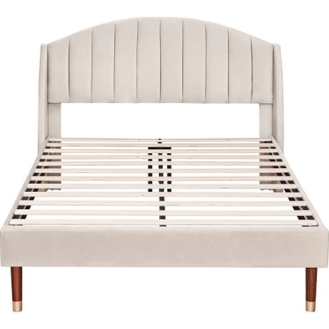 Lit rembourré 140×190 cm, velours beige, sommier bois,tête de lit