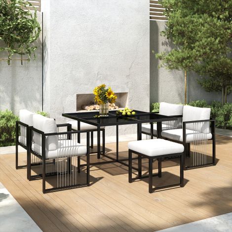 7-teiliges Esstisch- und Stuhlset für den Außenbereich für 6 Personen, Tisch aus gehärtetem Glas, geeignet für Mahlzeiten im Hinterhof, auf der Gartenterrasse