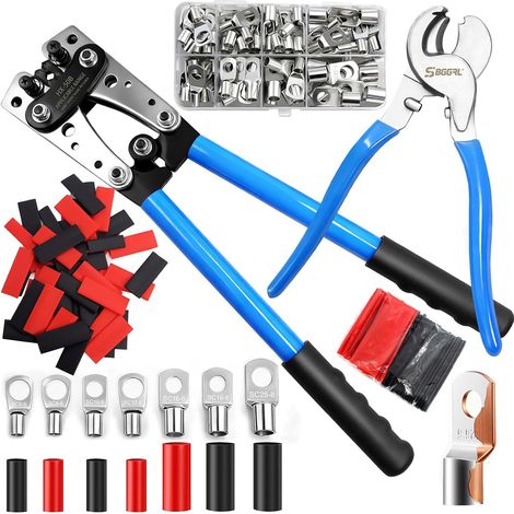 Outil de sertissage pour cosses de batterie avec kit de coupe-fil pour cosses de calibre 1/0,2,4,6,8,10 AWG, 80 cosses à anneau en cuivre étamé et 100 gaines thermorétractables (1/5)