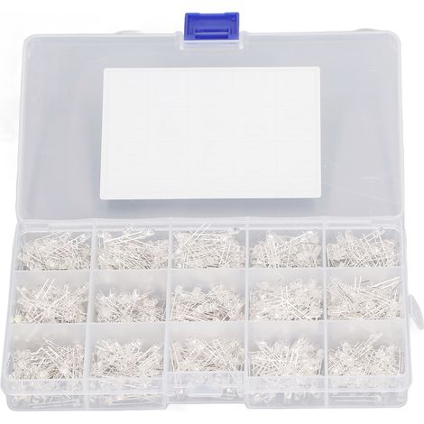 Lot de 750 diodes électroluminescentes (LED) transparentes de 3 mm, rouges, jaunes, bleues, vertes et blanches, avec boîte de rangement. (1/5)