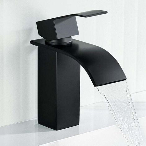 Rubinetto per lavabo da bagno a cascata nero, rubinetto per lavabo da bagno nero (altezza beccuccio 20,5 cm), rubinetto per lavabo da bagno a cascata nero (acqua calda e fredda) -Crezuo