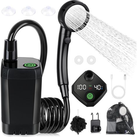 Douche de camping portable - Durable et résistante - Batterie rechargeable 6000 mAh - Écran LED intelligent - 4 jets d'eau - Pompe de douche extérieure étanche IPX7 - Douche de camping (1/5)