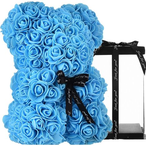TrAdE Shop Traesio - Orsacchiotto Orsetto Orso Di Rose Con Fiori Artificiali Da 25cm San Valentino - Celeste