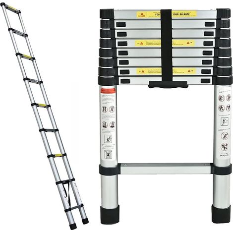 Échelle télescopique, 2,6 mètres, matériau métallique, léger, avec dispositif de verrouillage et patins antidérapants, échelle pliante polyvalente, portant 150 kg