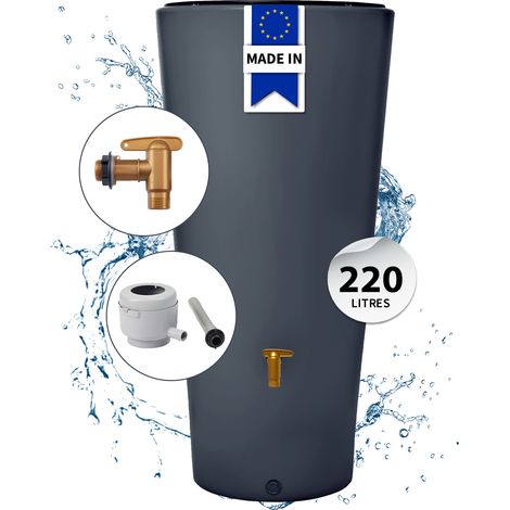 Réservoir d'eau de pluie VASO 220L en polyéthylène gris graphite – Résistant aux UV et intempéries – Raccords filetés 19mm – Bac à fleurs amovible – 4Rain