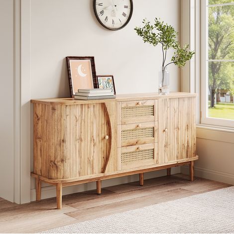 Madia 140,5x40x76 cm naturale in pannello truciolare con ante scorrevoli, cassetti in rattan e bordi arrotondati (1/5)
