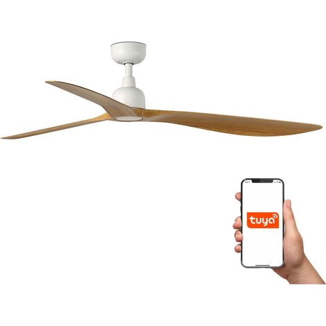Faro Outwood Grand ventilateur de plafond à 3 pales, blanc mat, bois de chêne, système intelligent Tuya (1/3)