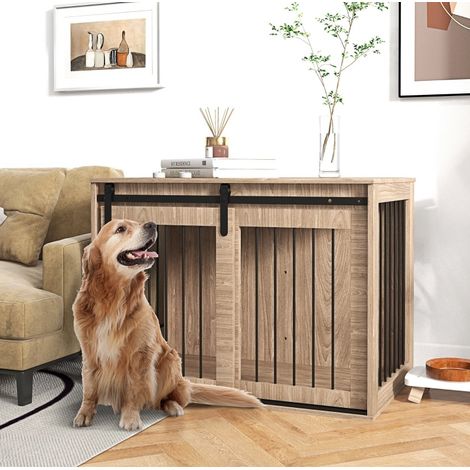 Gabbia per cani bloccabile in legno effetto noce 98 x 58 x 61 cm DESVIAE (1/5)