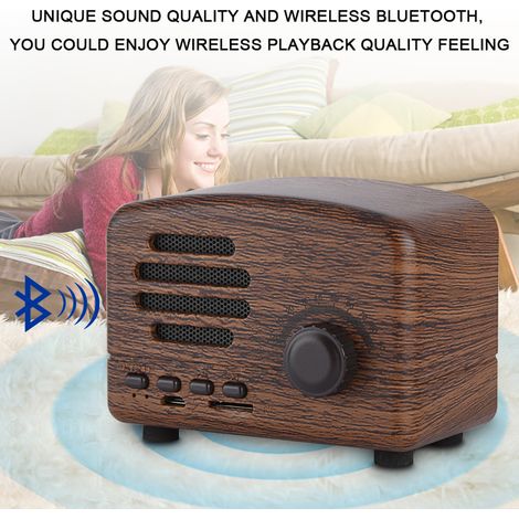 Enceinte Bluetooth rétro portable en bois, de bureau, avec radio FM, basses stéréo et micro, compatible carte mémoire USB.