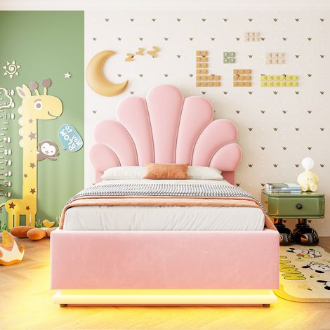 Lit simple 90x200 cm, lit coffre style scandinave, lit capitonné velours avec tête de lit fleur et LED, sommier à lattes, Rose (1/5)