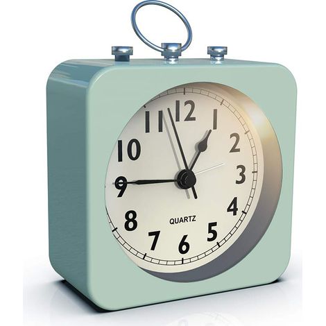 Réveil à piles avec boîtier métallique carré, mouvement à quartz analogique silencieux, utilisation simple (vert) pour chambre, voyage, bureau ou chambre d'enfant. (1/5)