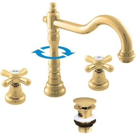Mélangeur lavabo rétro 3 trous MORAVA avec bonde en laiton doré (1/5)