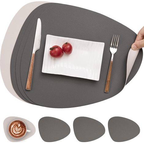Lot de 4 sets de table double face, antidérapants, lavables et imperméables, gris et blanc. (1/5)