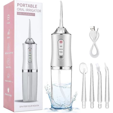 Hydropulseur dentaire pour dents 3 modes rechargeable sans fil portable IPX7 étanche pour la maison et les voyages (blanc) (1/5)