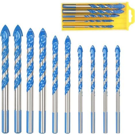 Forets Pour Carrelage Verre, 10 Pcs Foret Multi-matériaux Triangle Porcelaine Forage Métalliques Pour Carrelage Verre Marbre Miroir Bois, 6mm/ 8mm/ 10mm/ 12mm (1/5)