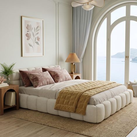 Lit double rembourré 140x200 cm en lin avec tête de lit capitonnée -avec dossier moelleux, sommier à lattes - scandinave - Beige (1/5)