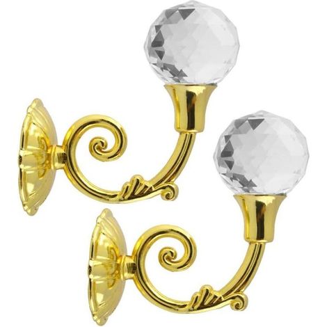 Pair of Crystal Curtain Tiebacks - Wall Hooks (Gold)