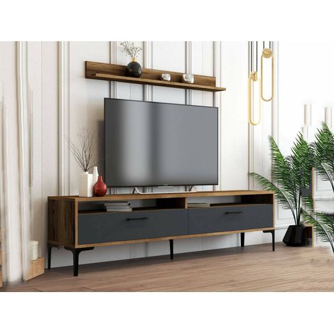 Dmora - Parete attrezzata Oho, Composizione soggiorno, Mobile salotto multiuso, Armadio porta TV, 180x35h47 cm, Noce e Antracite (1/5)