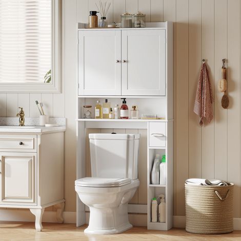 Meuble WC Dessus Toilette/Machine à Laver 2 Portes + 3 Compartiments + Porte-Papier 80x19,5x170 cm Blanc