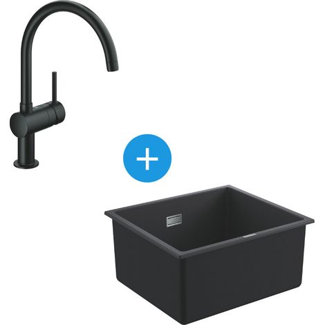 Grohe Kit Lavello Quarzo Nero Granito K700 417 x 366 mm + miscelatore a collo di cigno Minta Black 360簞 (31653AP0-SET6)