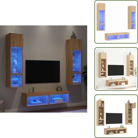 The Living Store 6-tlg. Wohnwand mit LED-Beleuchtung Sonoma-Eiche Holzwerkstoff - TV-Schrank (1/5)