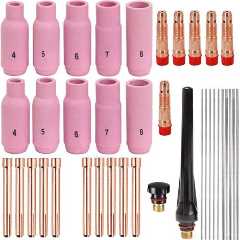 38Pcs Kit Torche pour Tig Accessoire Soudage pour TIG pièces d'usure Buses à gaz Buses en céramique à Aiguille de tungstène électrodes en tungstène pour WP-17 WP-18 WP-26 (1/5)