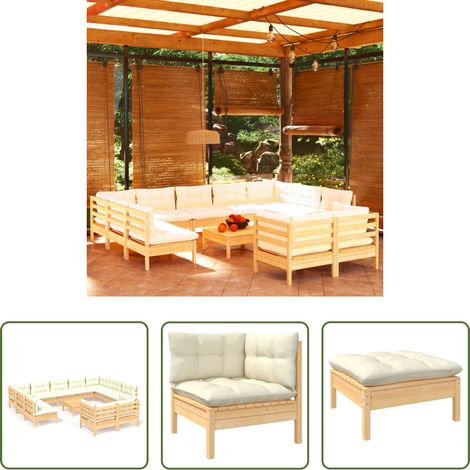 Terrassensofa - 12-tlg. Garten-Lounge-Set mit Creme Kissen Massivholz Kiefer (1/5)