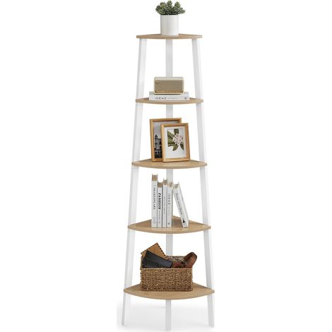 Étagère d'angle, Bibliothèque 5 Niveaux, Étagère Échelle, Meuble de Rangement, Porte-Plante pour Salon, Style Industriel, avec Cadre en Acier, Couleur Chêne Naturel et Blanc Mat (1/5)