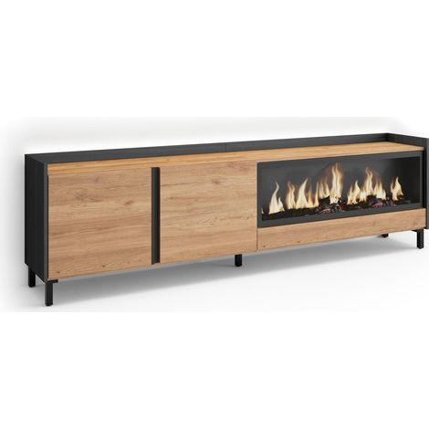 Skraut Home - Mobile TV Soggiorno, Ampio spazio a disposizione, 212x35x61cm, Per TV fino a 80", Camino elettrico XXL, Design industriale, LED, Stile moderno, Rovere e nero (1/5)