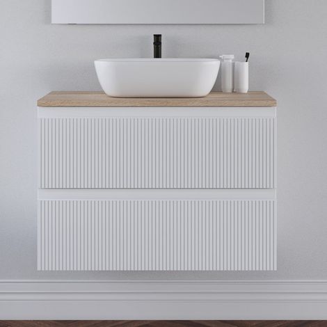 Meuble de salle de bain 80cm avec plateau cambrian et vasque à poser arrondie - sans miroir - 2 tiroirs - blanc - RIBERA (1/5)