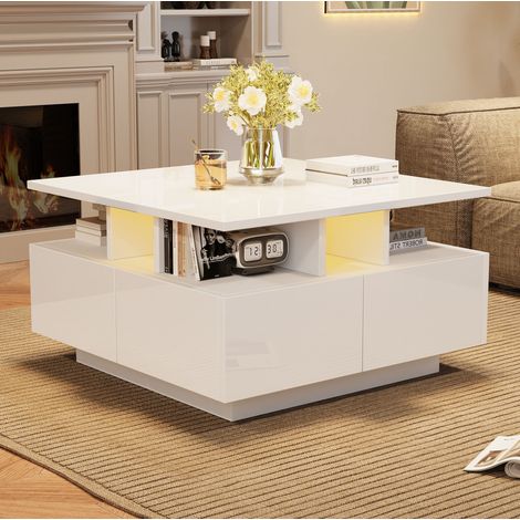 Table basse LED 70x70x40 cm en panneaux de bois blanc, avec rangement pour salon FloraGrace (1/5)